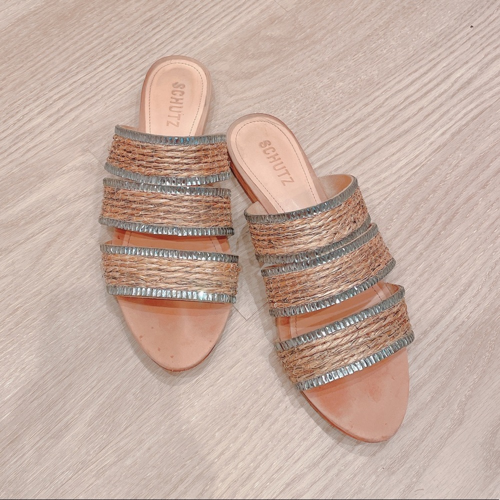 Schutz straw rhinestone sandal slides